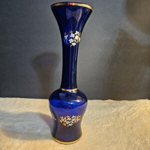 VTG Bohemian Cobalt Blue Glass Vase Hand Painted Enamel Flowers Gold Gilt MCM